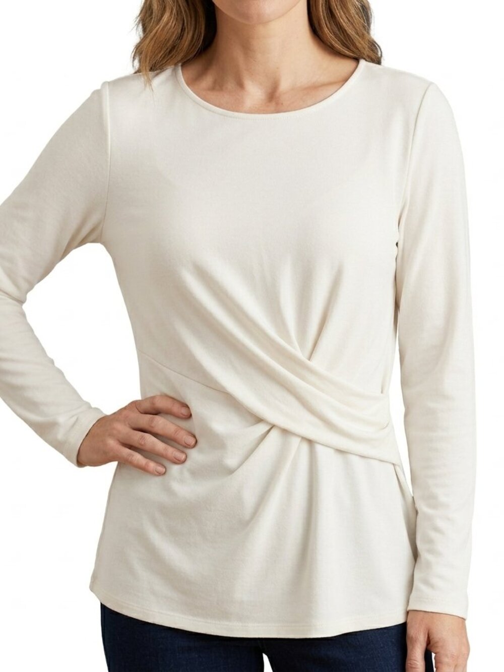 J. Jill Wearever Top Cream Ivory Long Sleeve Ruched Front Round Neck Small